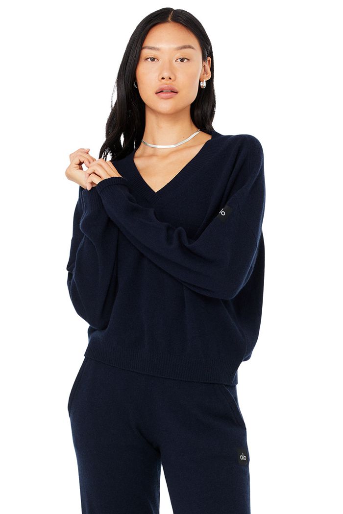 Alo Yoga Cashmere Jet Set V-Neck Sweatshirt Dam Marinblå | 3748102-SD