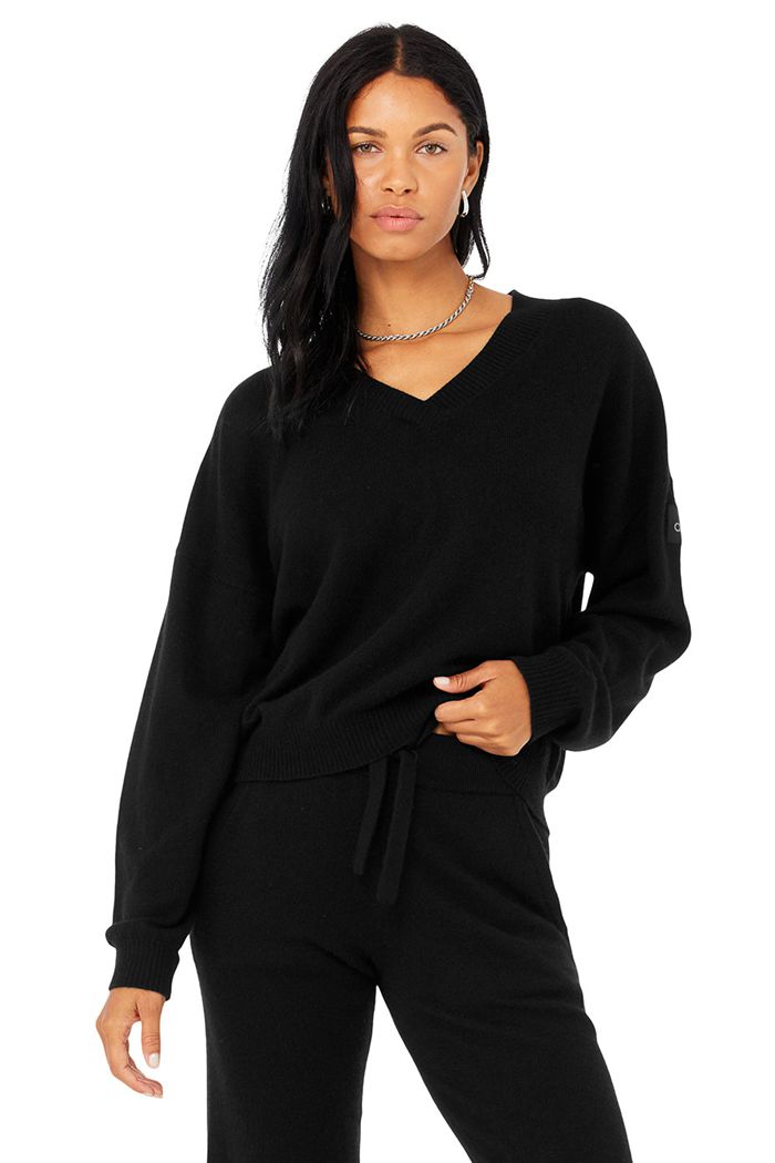 Alo Yoga Cashmere Jet Set V-Neck Sweatshirt Dam Svarta | 6158032-ZY