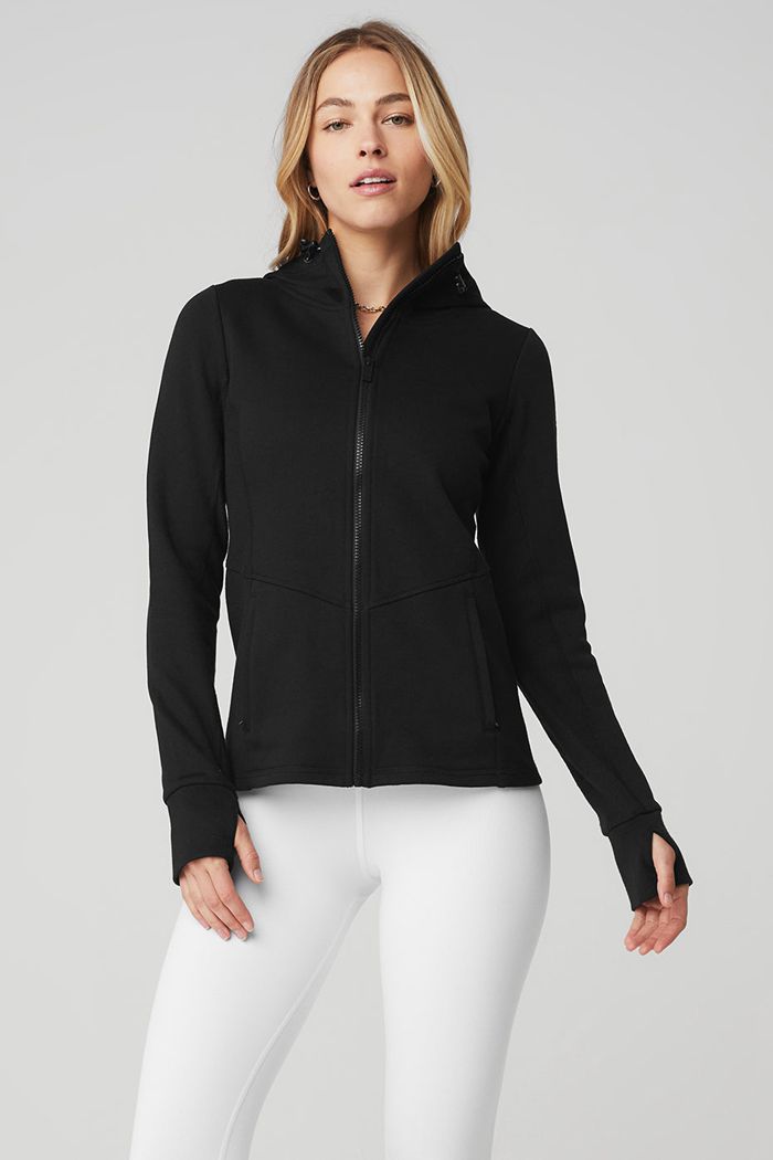 Alo Yoga Foundation Zip Hoodie Dam Svarta | 7680235-OY