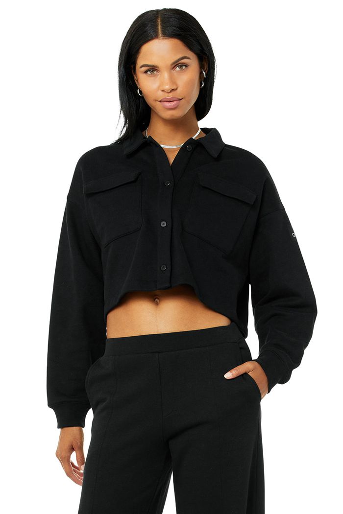 Alo Yoga Renown Cropped Button-Up Sweatshirt Dam Svarta | 7906841-MI