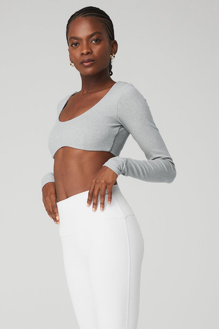 Alo Yoga Ribbed Defined Long Sleeve BH Dam Grå | 4316978-KI