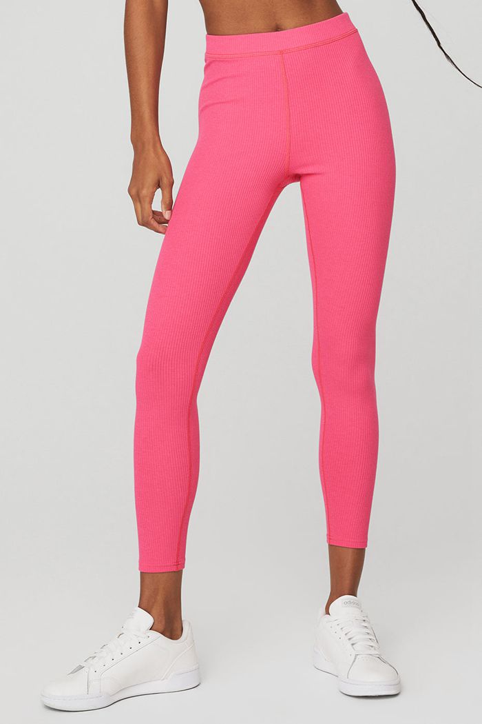 Alo Yoga Ribbed High-Midja 7/8 Blissful Leggings Dam Rosa Fuchsia | 6314527-FY