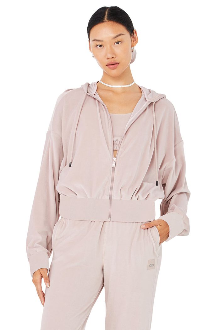 Alo Yoga Velour Glimmer Full Zip Hoodie Dam Rosa | 0386249-HP