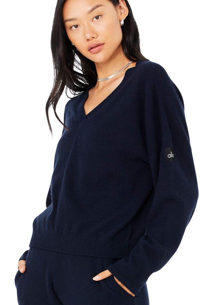 Alo Yoga Cashmere Jet Set V-Neck Sweatshirt Dam Marinblå | 3748102-SD