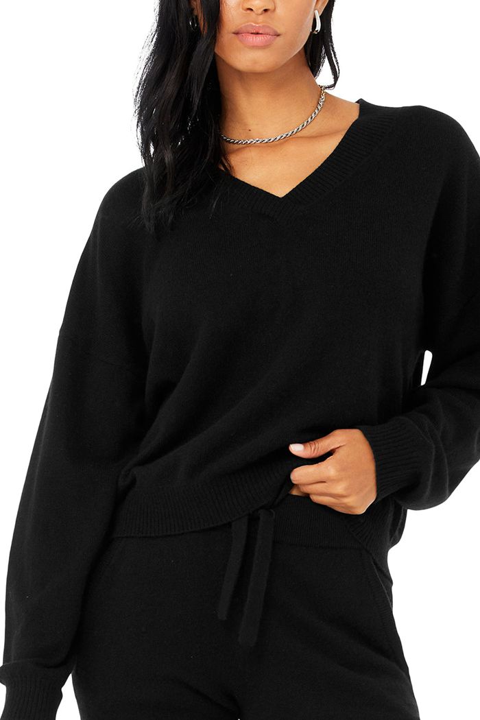 Alo Yoga Cashmere Jet Set V-Neck Sweatshirt Dam Svarta | 6158032-ZY