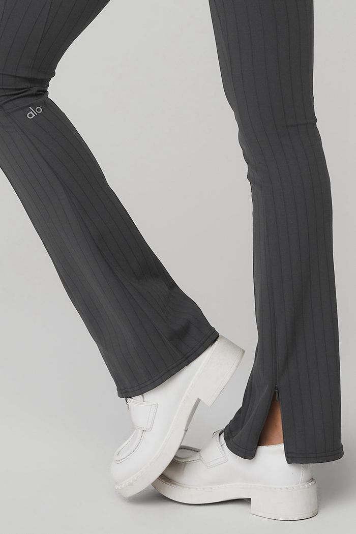 Alo Yoga High-Midja Pinstripe Zip It Flare Leggings Dam Mörkgrå | 9361542-IW