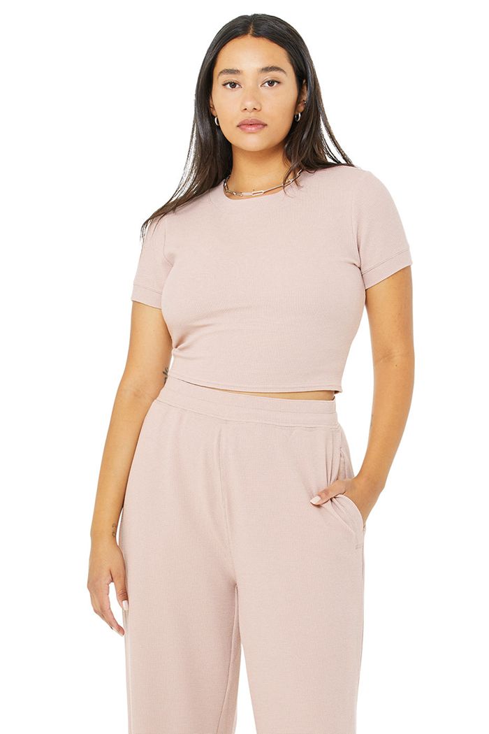 Alo Yoga Micro Waffle Sierra Short Sleeve Dam Rosa | 3028976-MJ