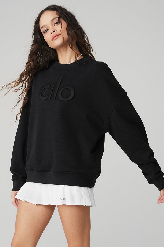 Alo Yoga Renown Heavy Weight Emblem Crew Neck Sweatshirt Dam Svarta | 5674938-PC