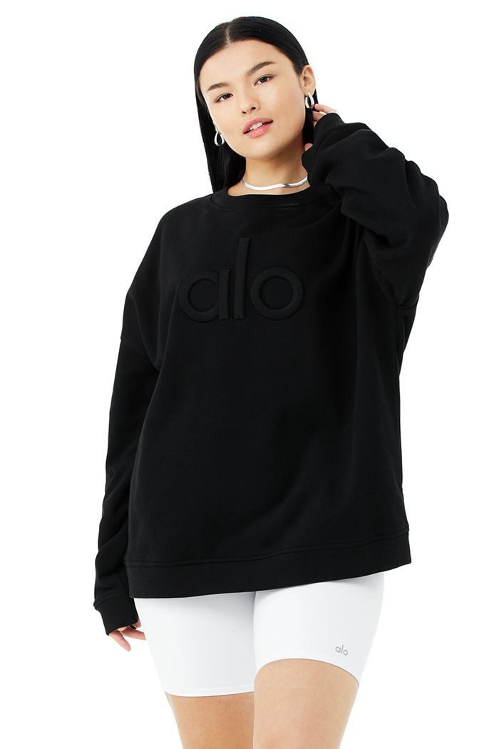 Alo Yoga Renown Heavy Weight Emblem Crew Neck Sweatshirt Dam Svarta | 5674938-PC