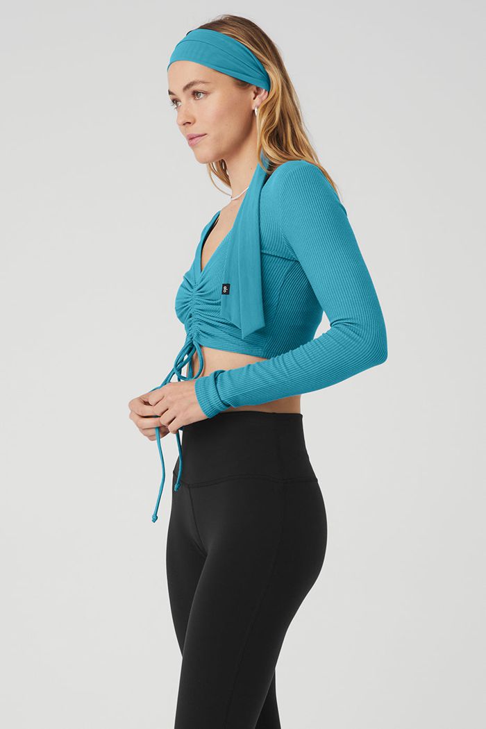 Alo Yoga Ribbed Cinch Cropped Long Sleeve Dam Blå | 4280169-XH