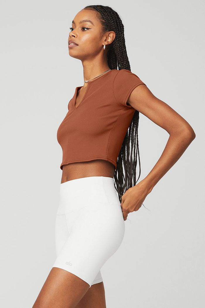 Alo Yoga Ribbed Cropped Savvy Short Sleeve Dam Röda | 9680241-HR