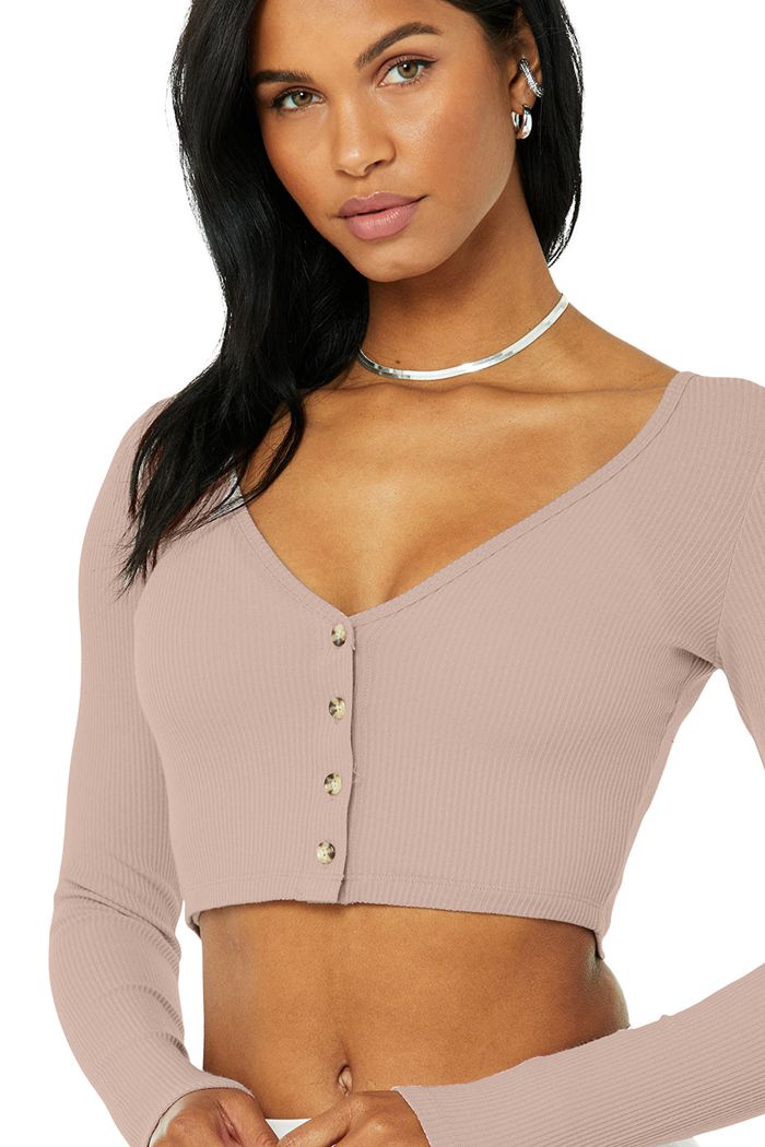 Alo Yoga Ribbed Cropped Whisper Cardigan Dam Rosa | 0538621-LI