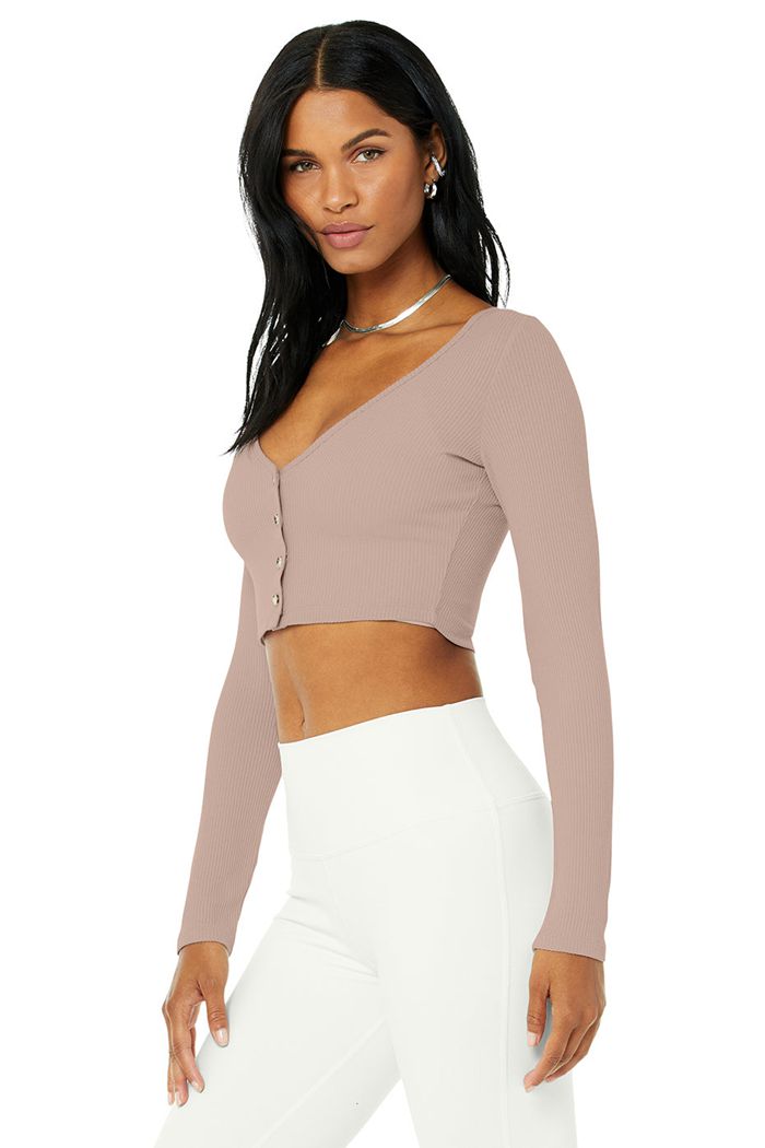 Alo Yoga Ribbed Cropped Whisper Cardigan Dam Rosa | 0538621-LI