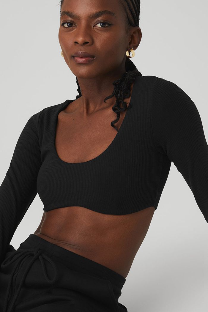 Alo Yoga Ribbed Defined Long Sleeve BH Dam Svarta | 6125047-GS