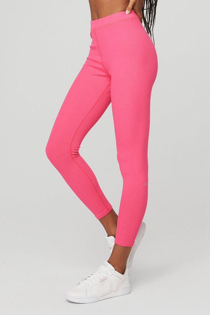 Alo Yoga Ribbed High-Midja 7/8 Blissful Leggings Dam Rosa Fuchsia | 6314527-FY