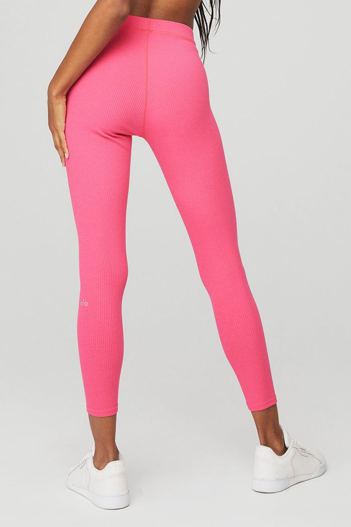 Alo Yoga Ribbed High-Midja 7/8 Blissful Leggings Dam Rosa Fuchsia | 6314527-FY